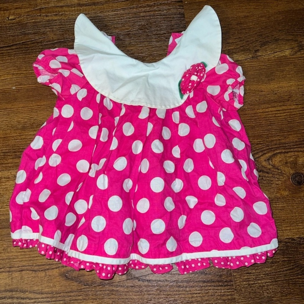 Vintage Bonnie Baby Pink and White Polka Dot Collar Floral Dress Size 12 Month
